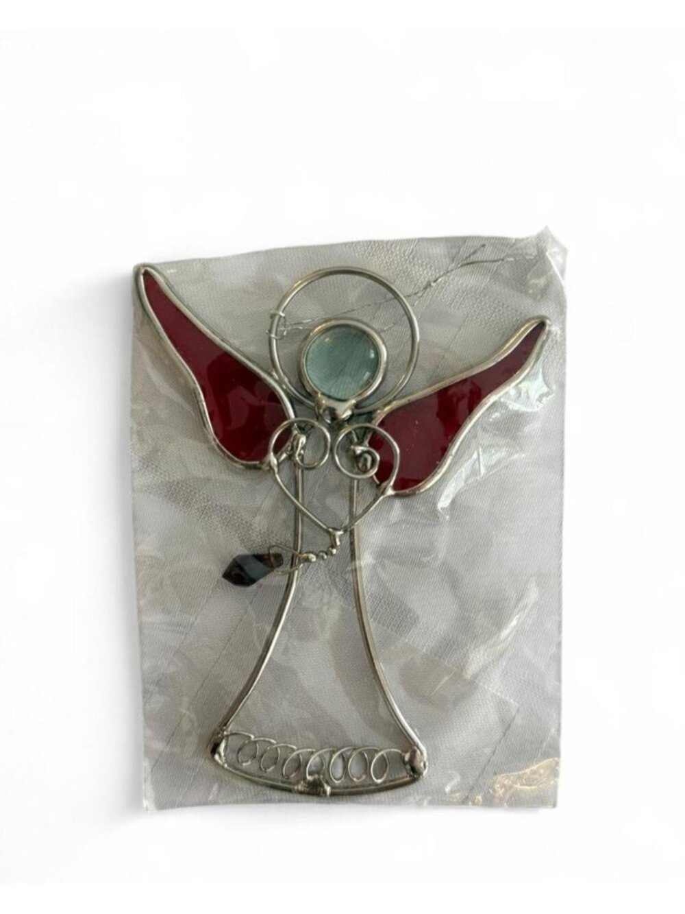 Vintage Stained glass angel with red wings and silver wire frame